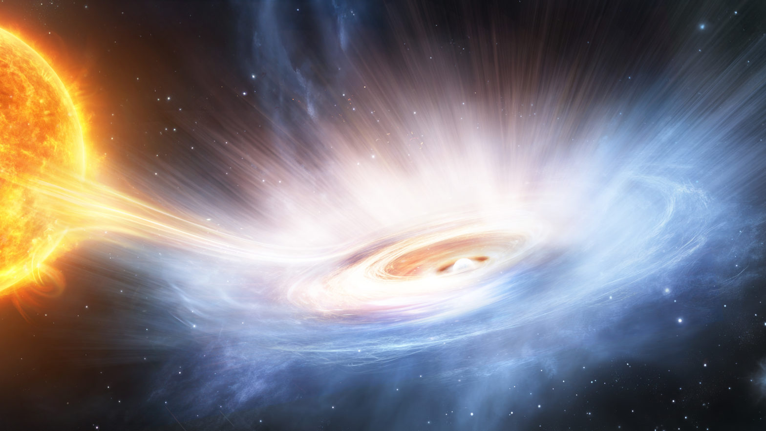 The focus of the image is a blue-to-pink disc of swirling material, circling around a sparkling white ball in the centre. Bright rays primarily white to pink rise towards the top of the image, like a wind blowing off the circling matter. To the left of the picture, a yellow to orange ball is partially visible, representing a star. The star appears to be feeding the disc via a stream of orangish matter that connects the two.