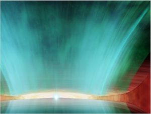 中性子星GX 13+1の円盤から噴出する「風」の想像図。水色から緑色が「風」を表している。中心の明るい部分が中性子星近傍でX線が発生している領域。 （クレジット：CfA/Melissa Weiss）